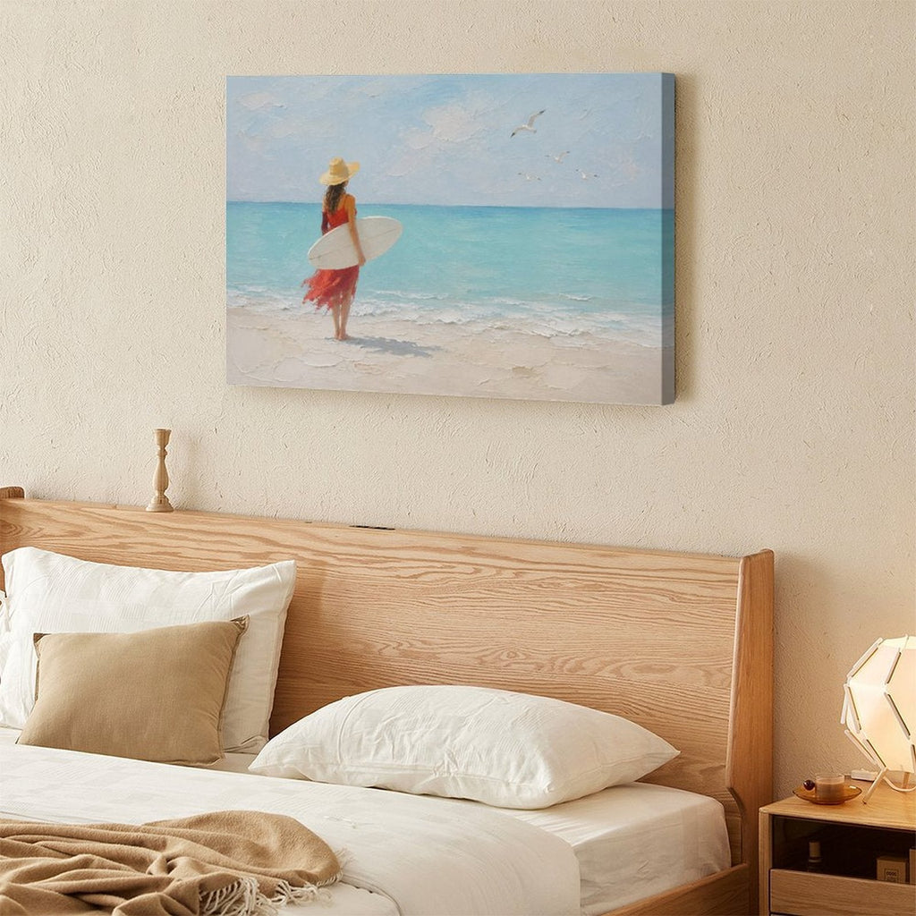 Red Dress Woman Surfer Beach Framed Canvas Wall Art | Coastal Figurative Ocean Print