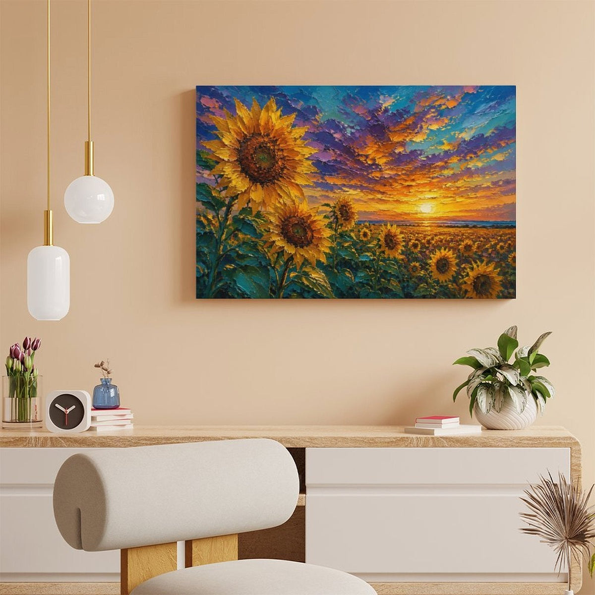 Sunflower Field Sunset Framed Canvas Wall Art | Impressionist Floral Landscape Print