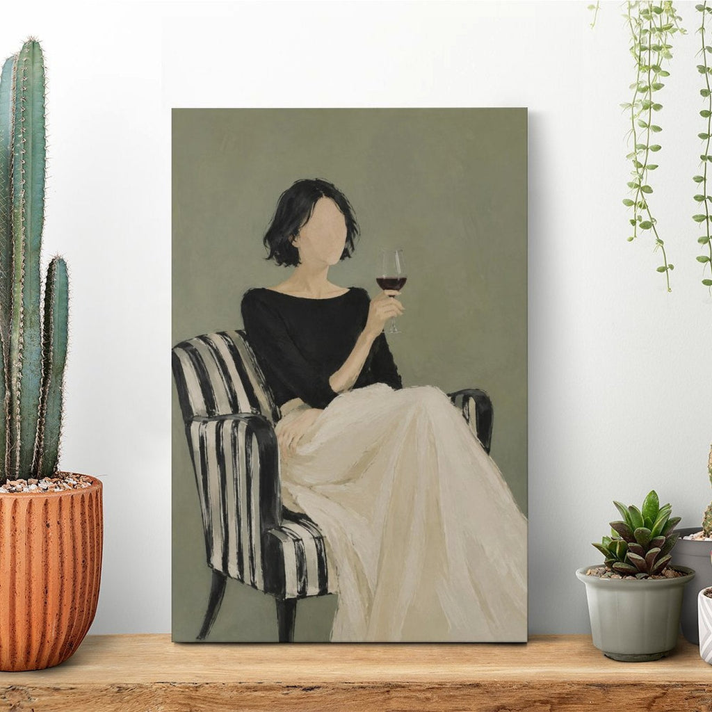 Elegant Woman with Wine Glass Framed Canvas Wall Art | Minimalist Figurative Print