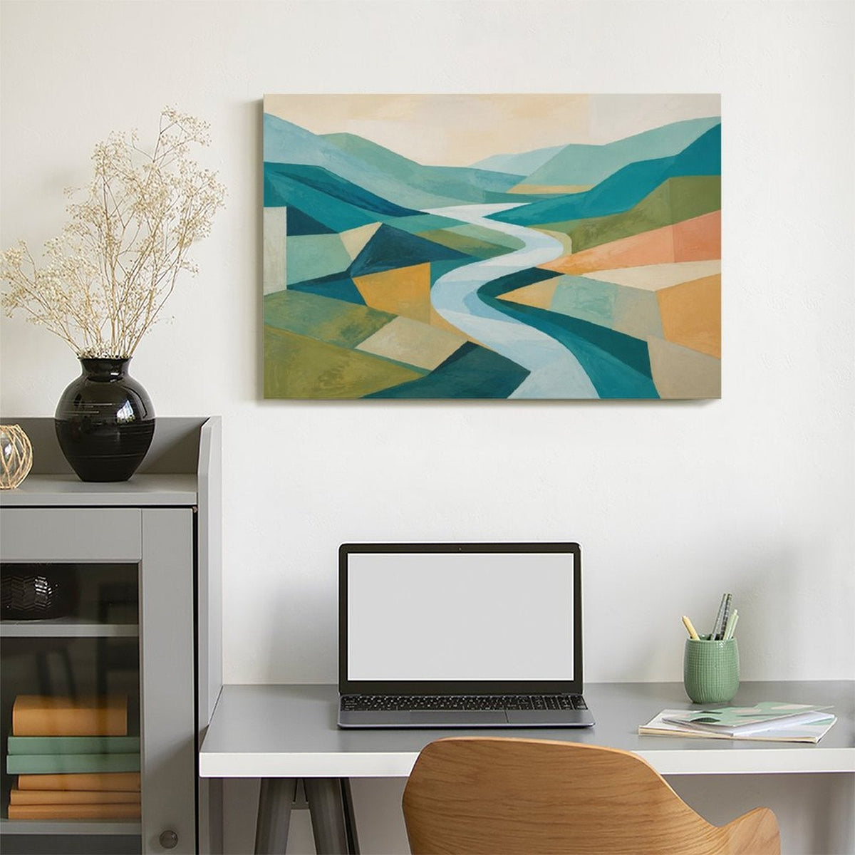 Geometric Abstract Valley River Framed Canvas Wall Art | Mid-Century Modern Landscape Print
