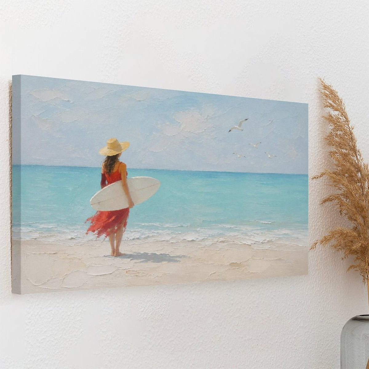 Red Dress Woman Surfer Beach Framed Canvas Wall Art | Coastal Figurative Ocean Print