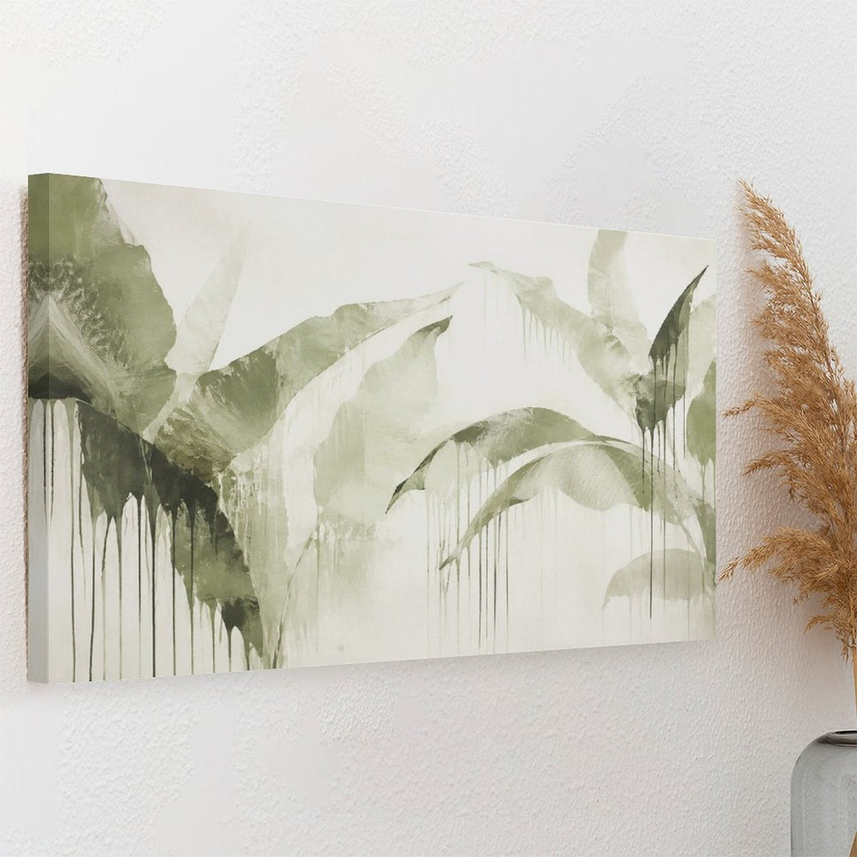 Olive Green Tropical Leaf Drip Watercolor Framed Canvas Wall Art | Minimalist Botanical Print