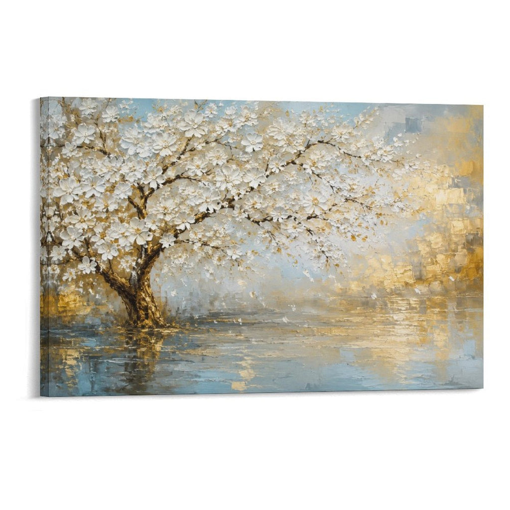 White Blossom Tree Lake Reflection Gold Blue Textured Landscape Framed Canvas Wall Art