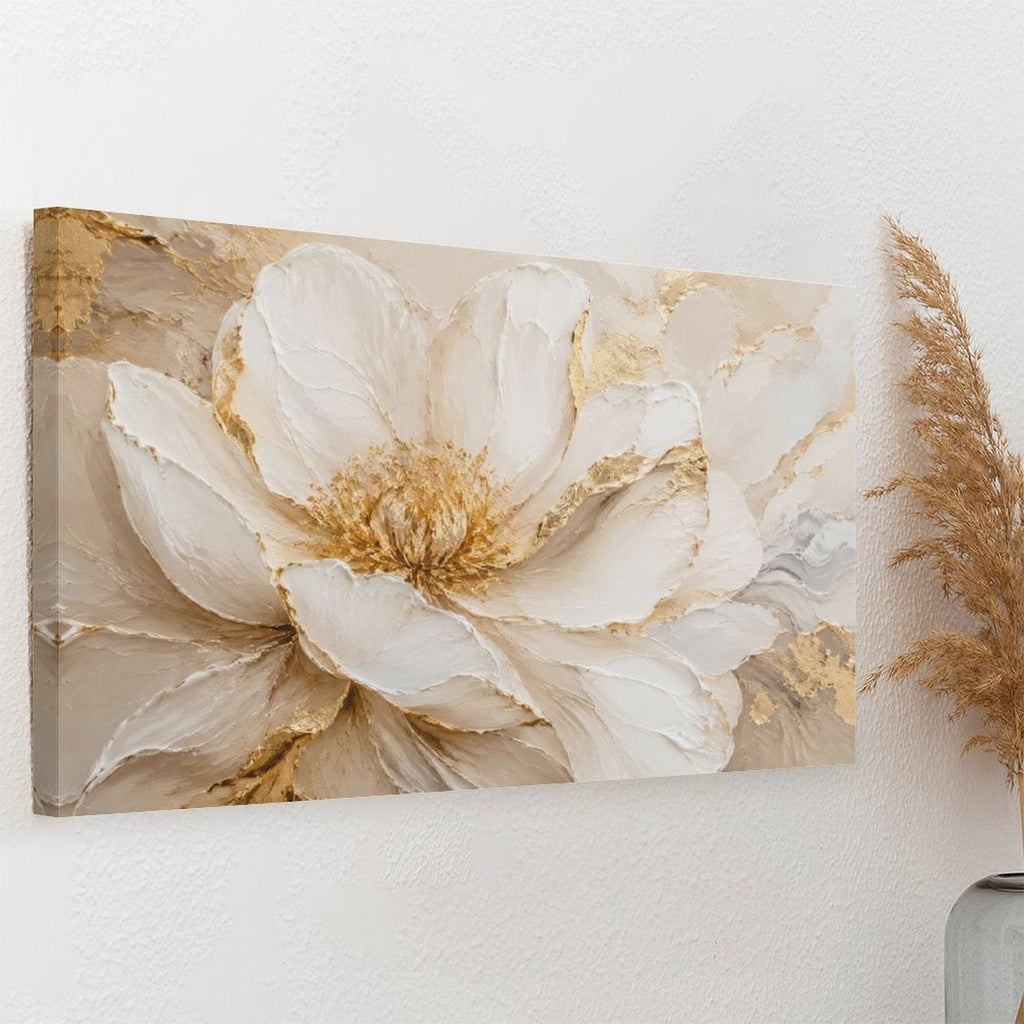 White Peony Gold Accent Close-Up Framed Canvas Wall Art | Luxury Floral Textured Print