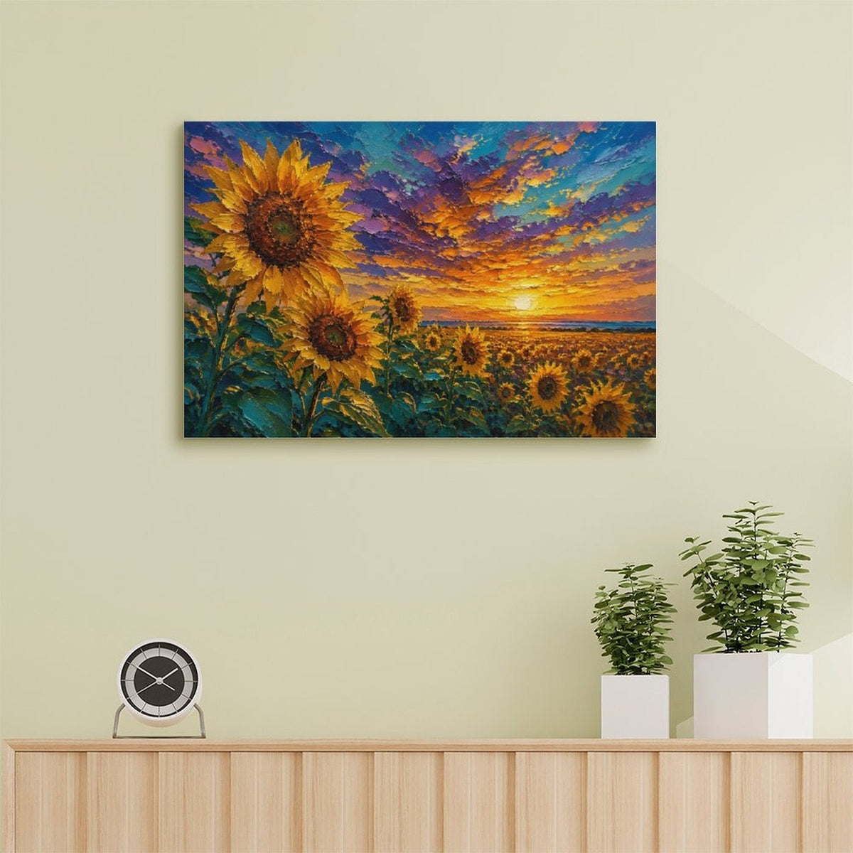 Sunflower Field Sunset Framed Canvas Wall Art | Impressionist Floral Landscape Print