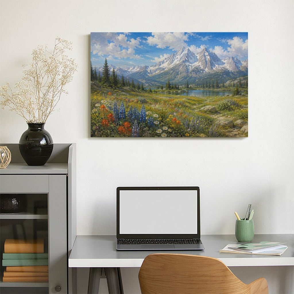 Alpine Wildflower Meadow Snow Mountain Lake Framed Canvas Wall Art | Realist Mountain Landscape Print