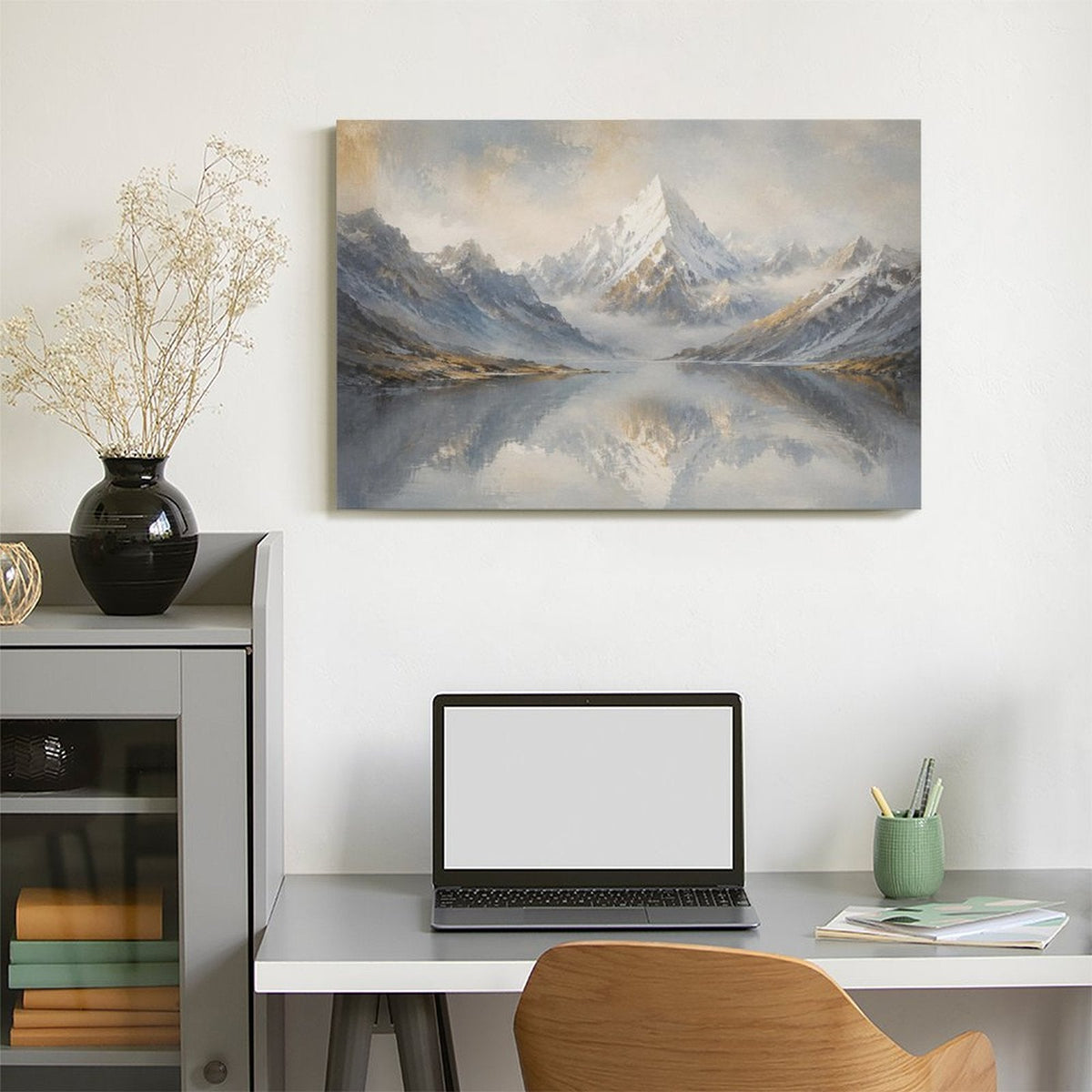 Misty Snow Mountain Lake Reflection Framed Canvas Wall Art | Nordic Minimalist Landscape Print