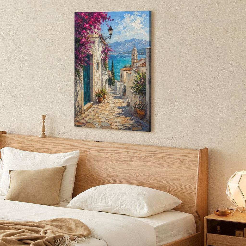 Mediterranean Cobblestone Alley Bougainvillea Framed Canvas Wall Art | Impressionist Coastal Village Print