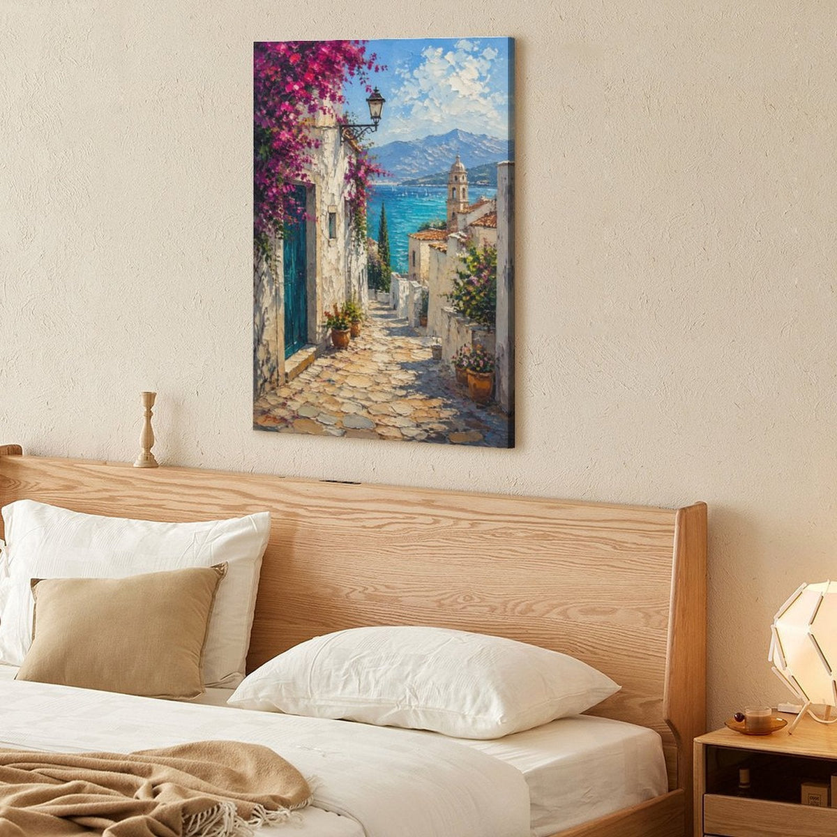 Mediterranean Cobblestone Alley Bougainvillea Framed Canvas Wall Art | Impressionist Coastal Village Print