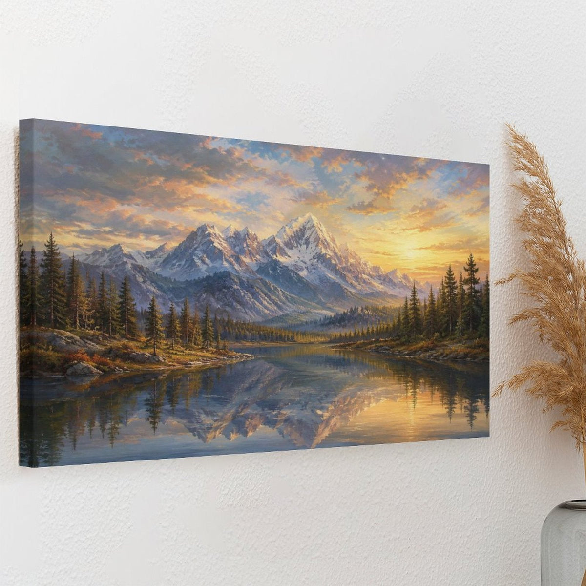 Snow Mountain Sunset Lake Reflection Pine Forest Framed Canvas Wall Art | Old Master Landscape Print