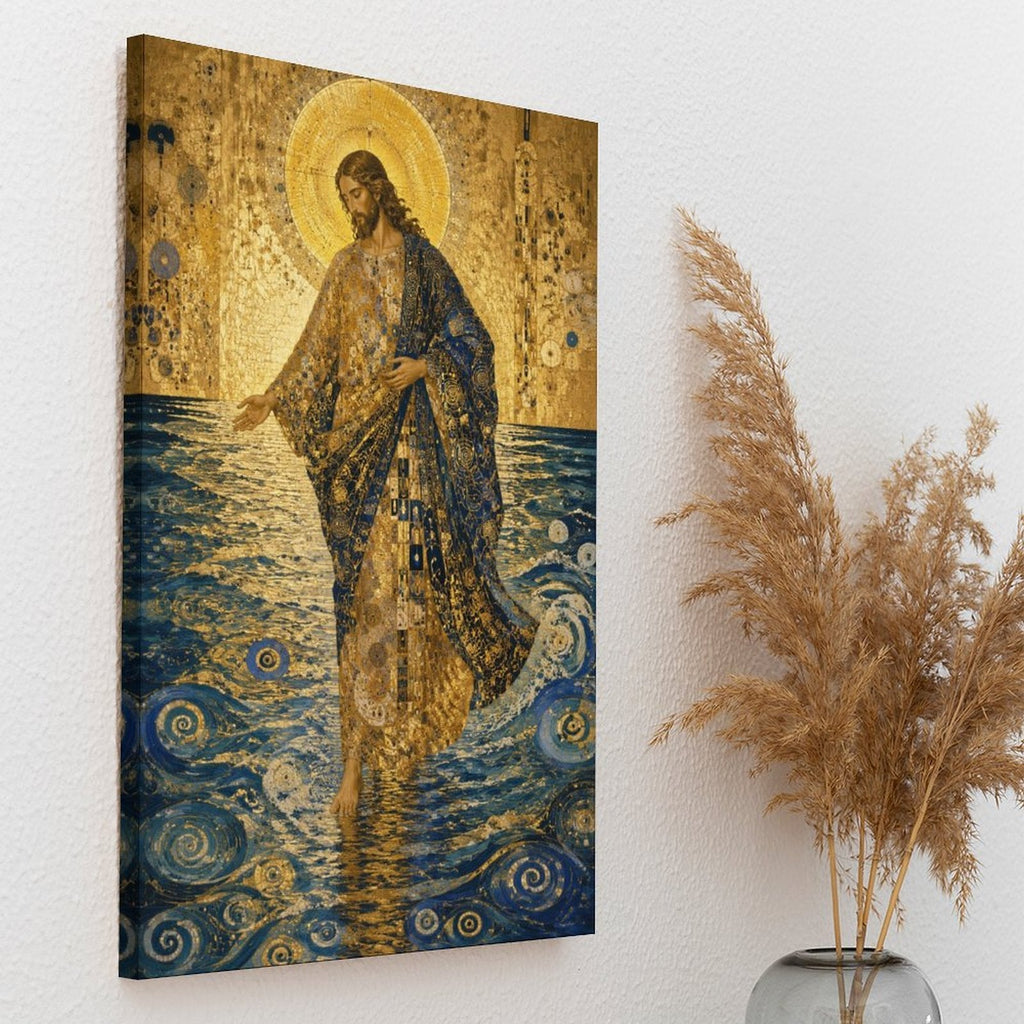Jesus Walking on Water Klimt-Style Framed Canvas Wall Art | Gold Mosaic Religious Print