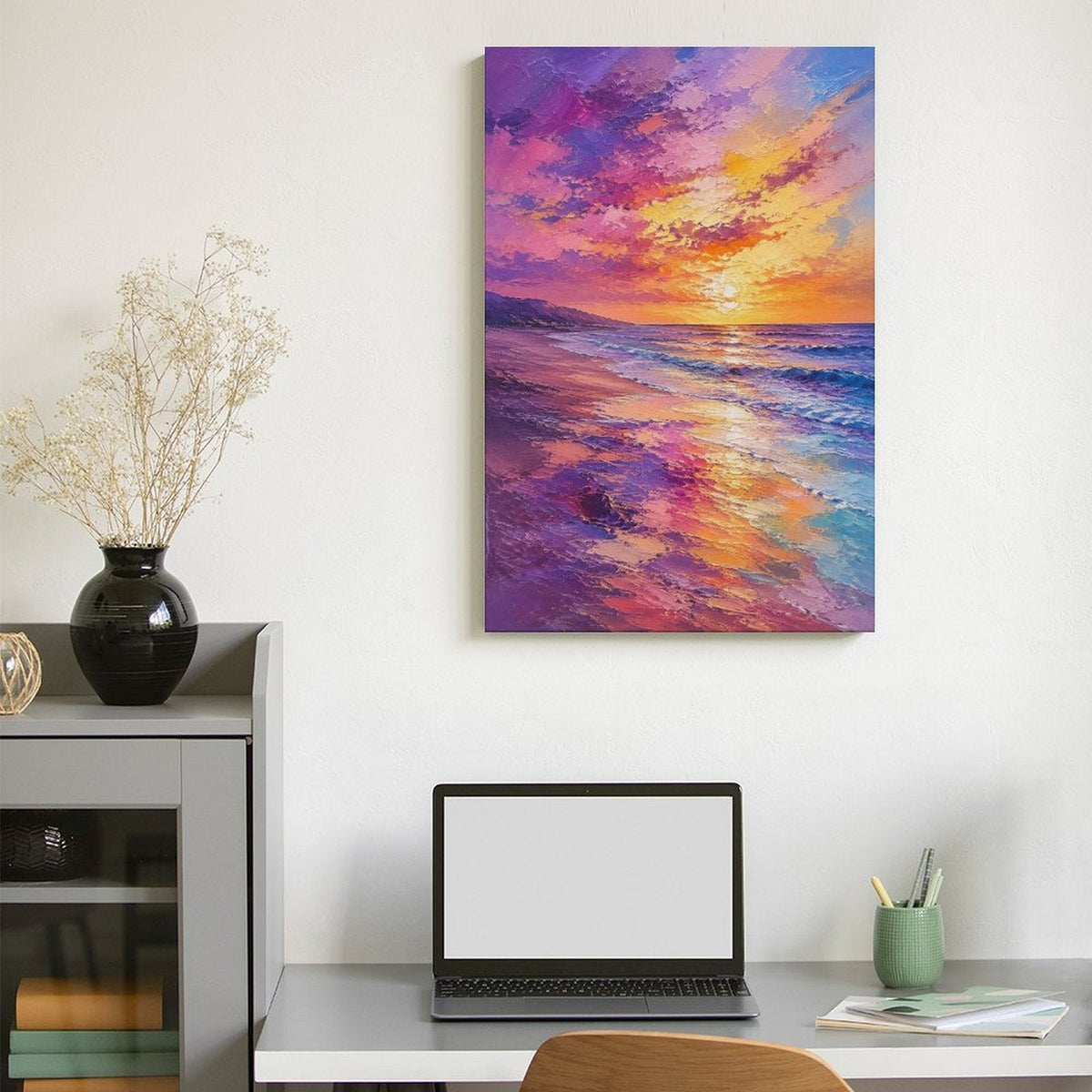 Purple Orange Sunset Beach Framed Canvas Wall Art | Vibrant Coastal Seascape Print