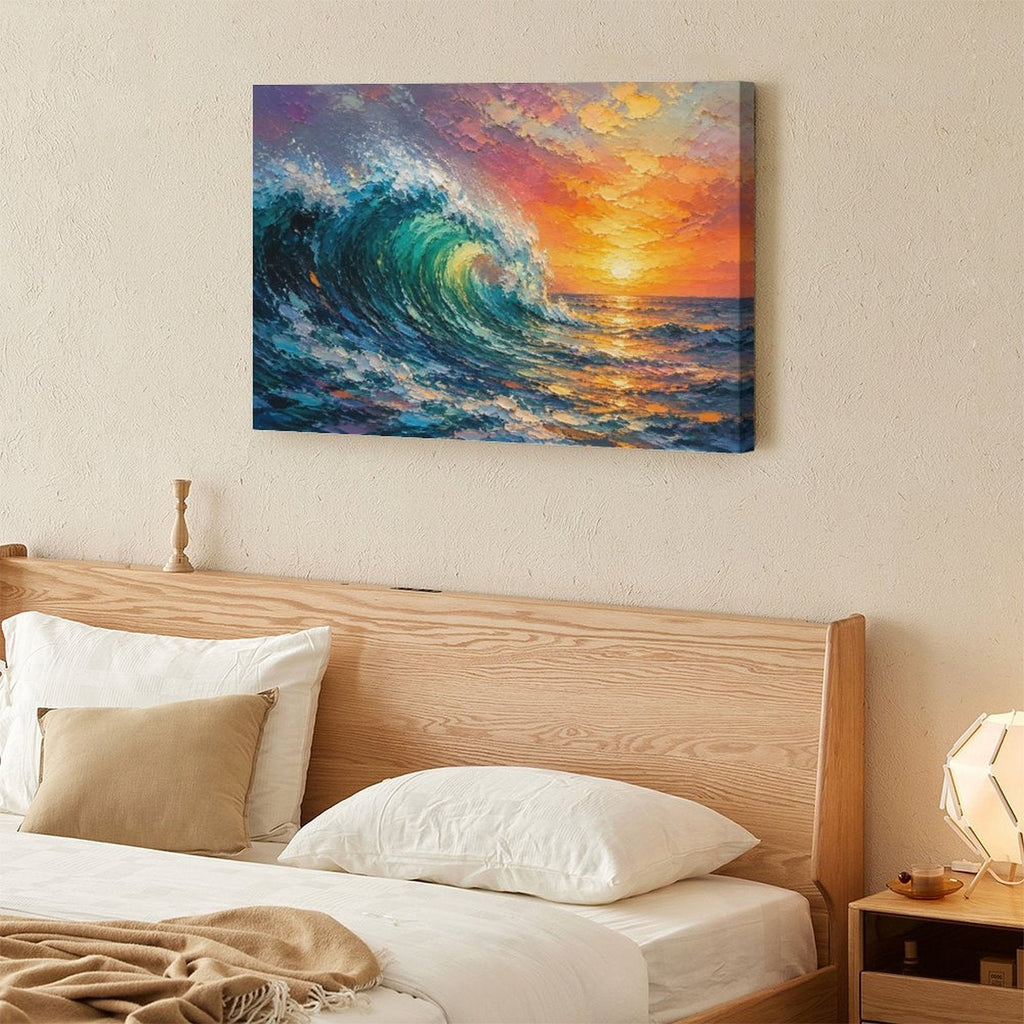 Crashing Ocean Wave Sunset Framed Canvas Wall Art | Impressionist Seascape Print