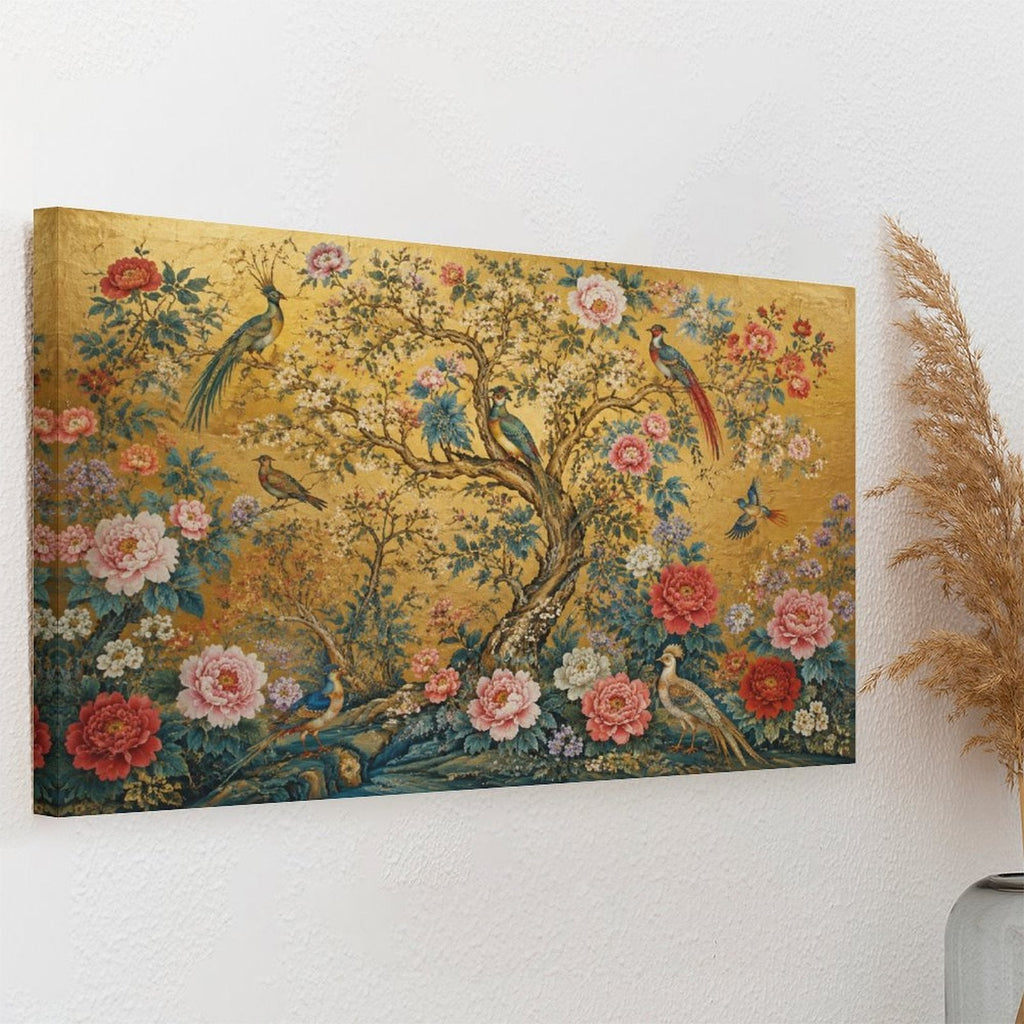 Chinese Imperial Flower & Bird Gold Framed Canvas Wall Art | Chinoiserie Peacock Peony Print