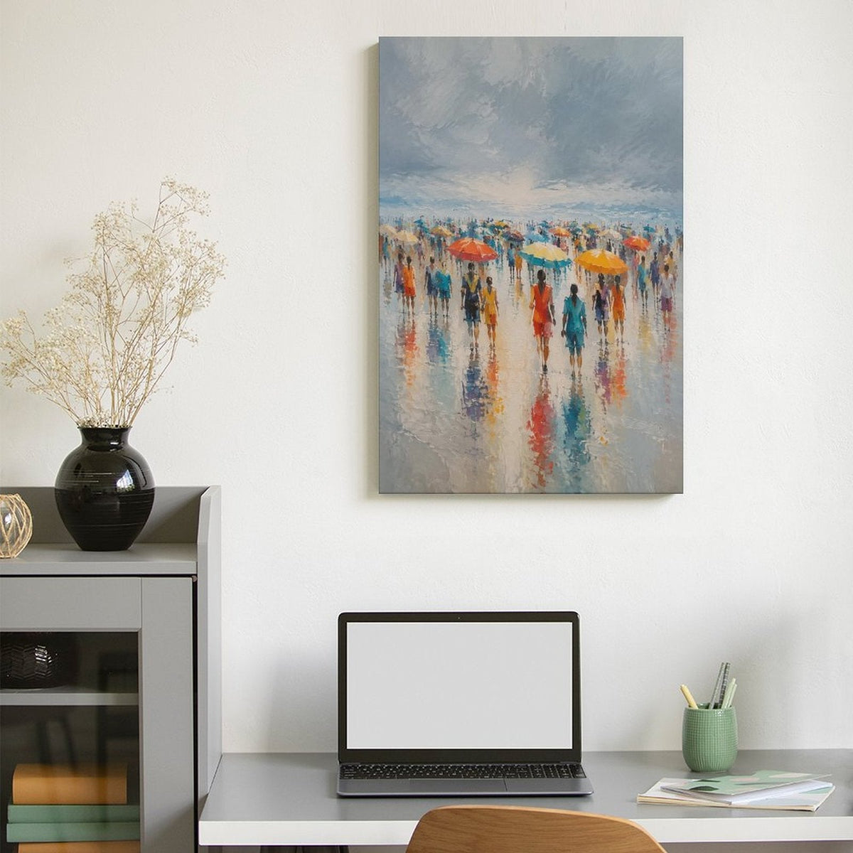 Rainy Beach Crowd Colorful Umbrellas Framed Canvas Wall Art | Impressionist Coastal Figurative Print