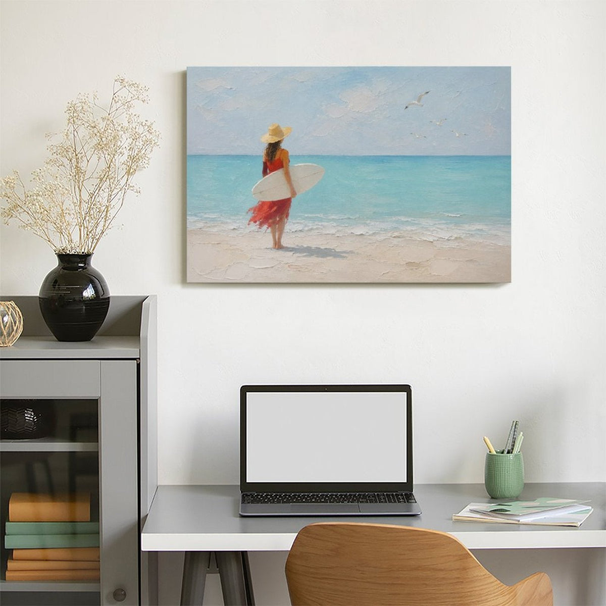 Red Dress Woman Surfer Beach Framed Canvas Wall Art | Coastal Figurative Ocean Print