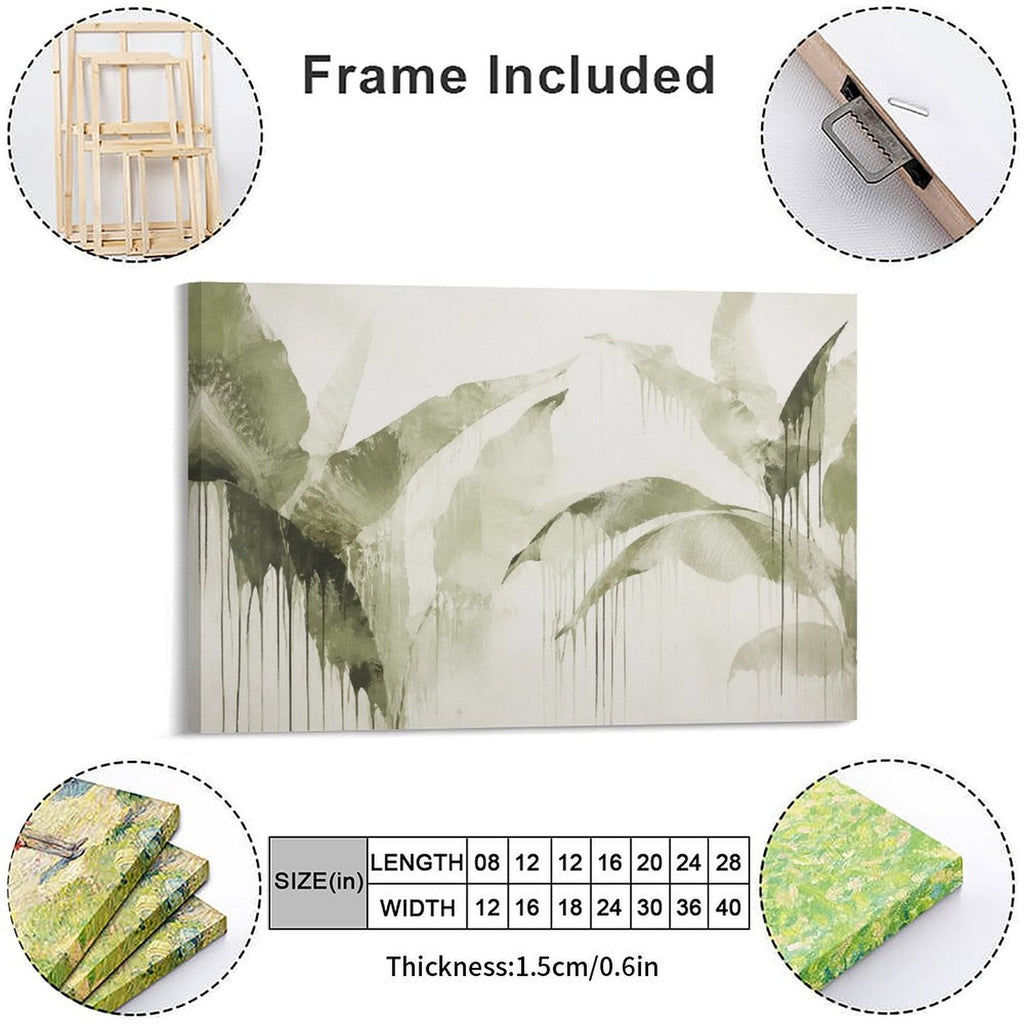 Olive Green Tropical Leaf Drip Watercolor Framed Canvas Wall Art | Minimalist Botanical Print