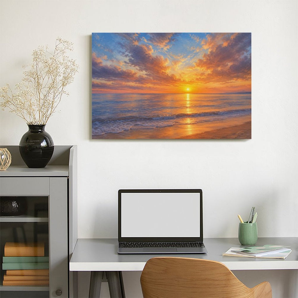Golden Beach Sunset Framed Canvas Wall Art | Coastal Ocean Seascape Oil Painting Print