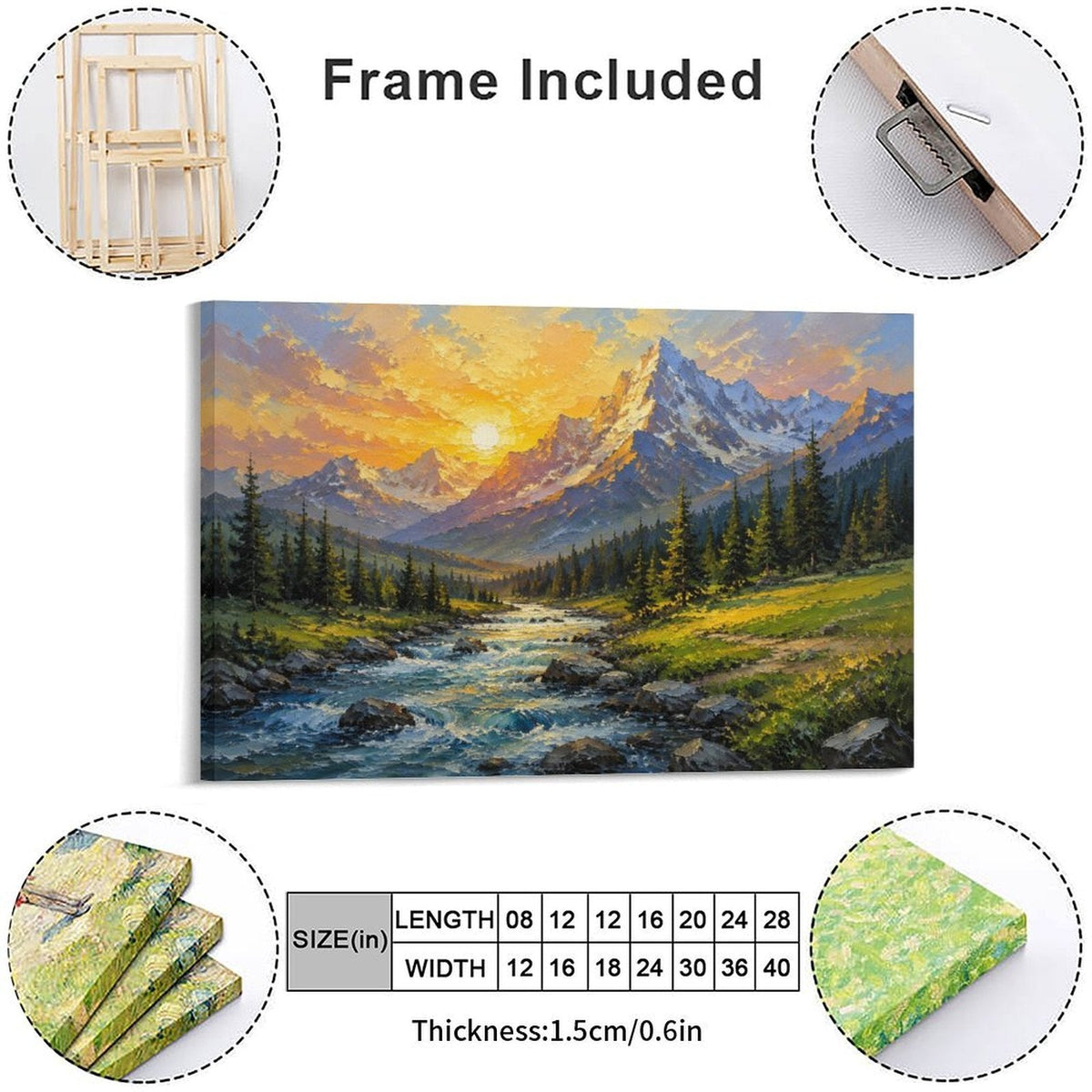 Mountain Stream Golden Sunset Framed Canvas Wall Art | Impressionist Alpine Landscape Print