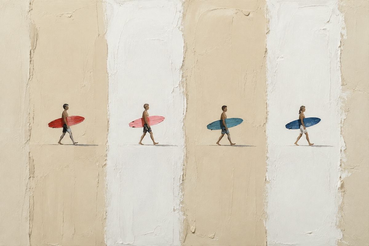 Four Surfers Colorful Boards Minimalist Framed Canvas Wall Art | Coastal Beach Stripe Print