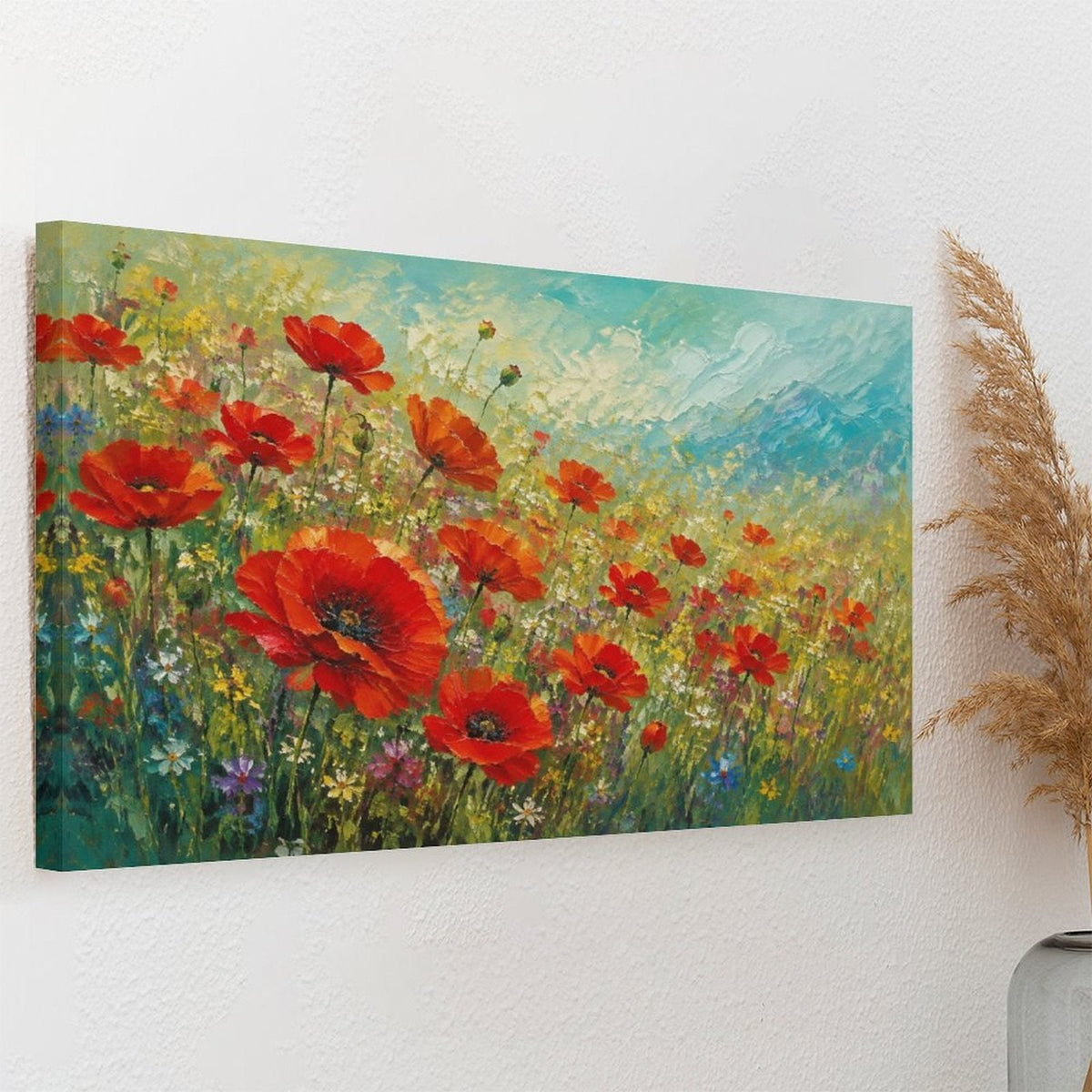 Red Poppy Wildflower Meadow Framed Canvas Wall Art | Impressionist Floral Field Print