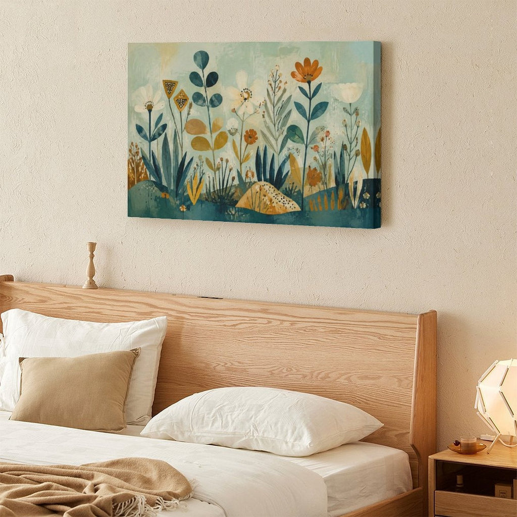 Nordic Folk Art Wildflower Botanical Framed Canvas Wall Art | Teal Gold Vintage Illustration Print
