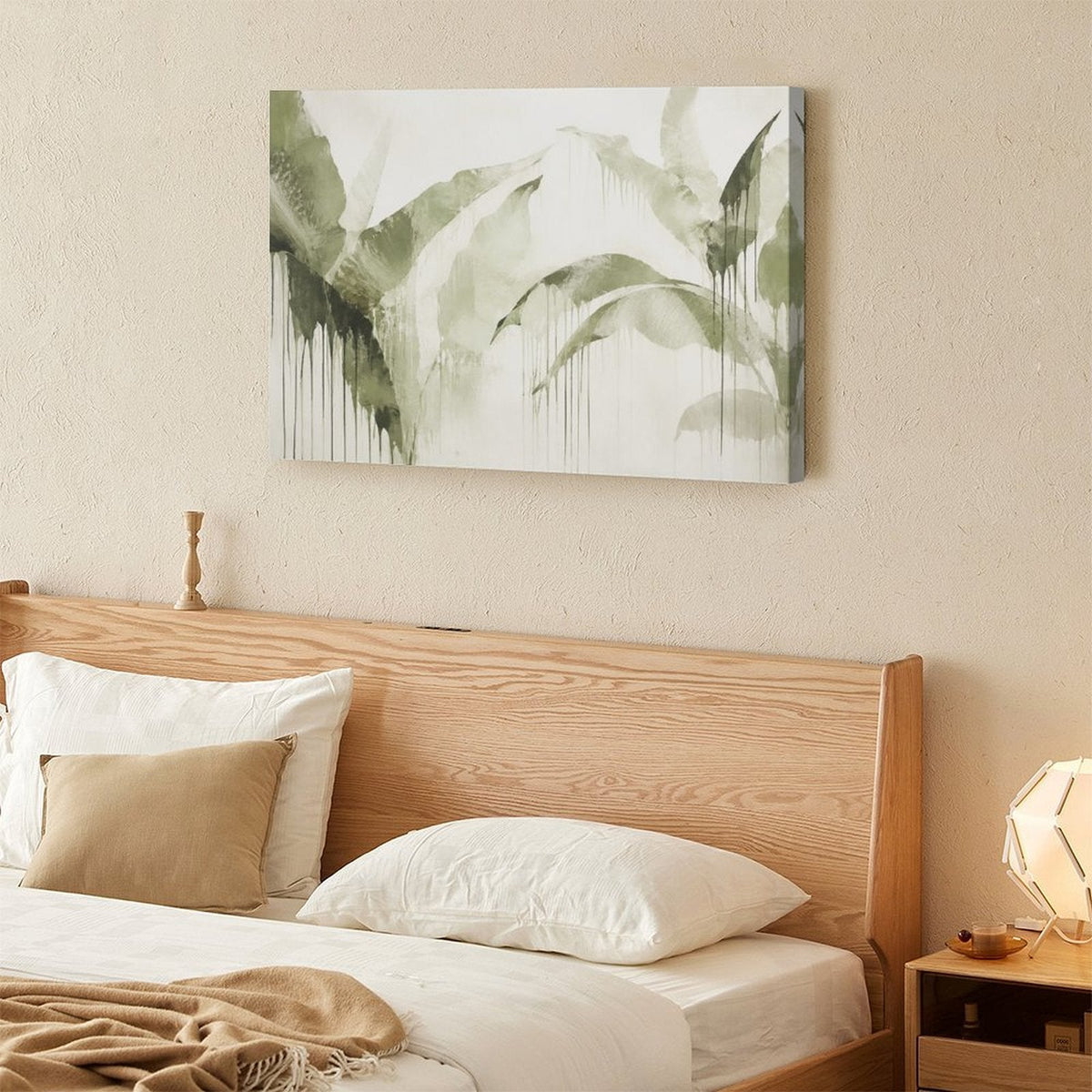 Olive Green Tropical Leaf Drip Watercolor Framed Canvas Wall Art | Minimalist Botanical Print