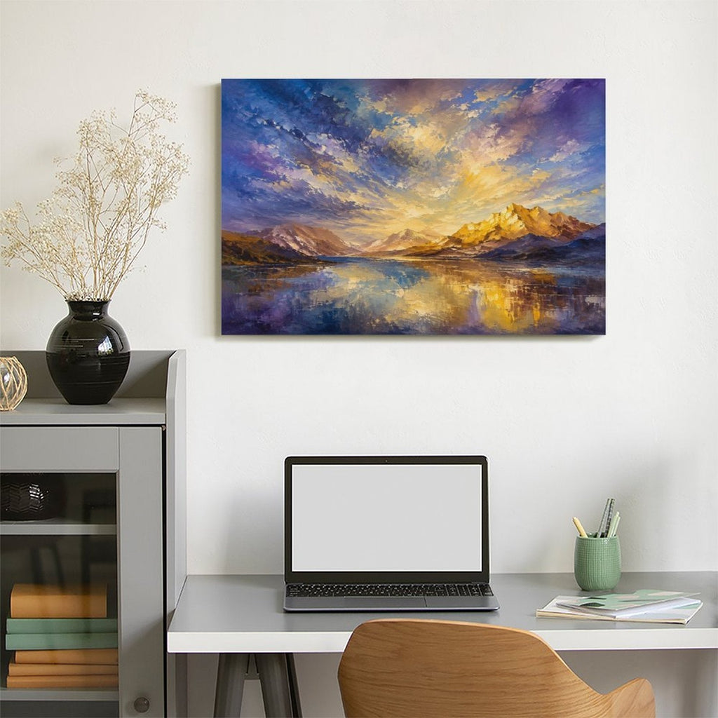 Purple Gold Dramatic Sky Mountain Lake Framed Canvas Wall Art | Impressionist Landscape Print