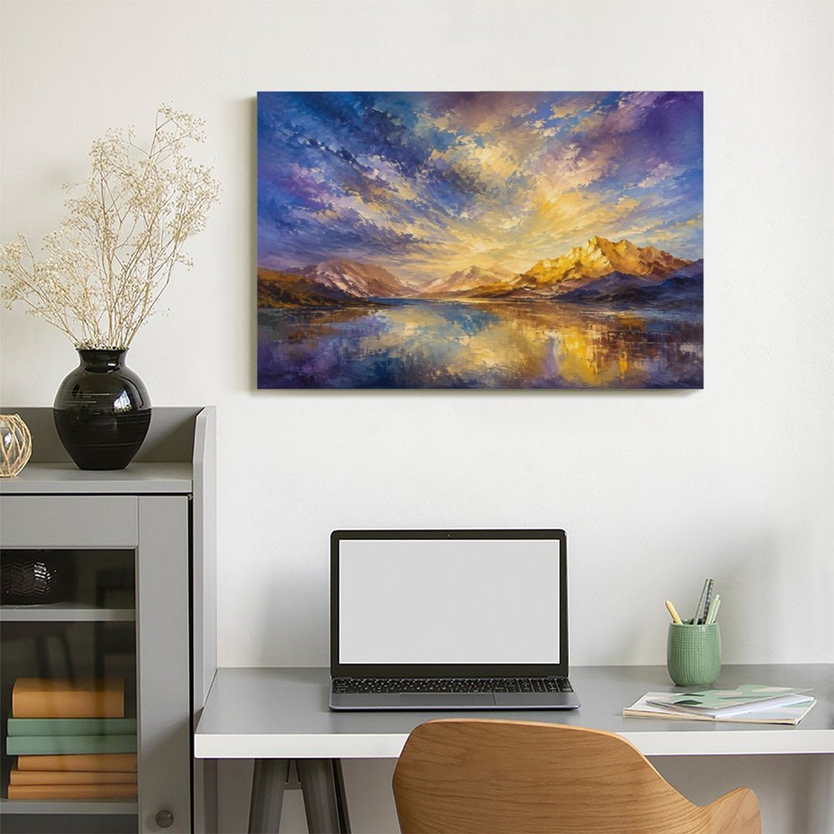 Purple Gold Dramatic Sky Mountain Lake Framed Canvas Wall Art | Impressionist Landscape Print