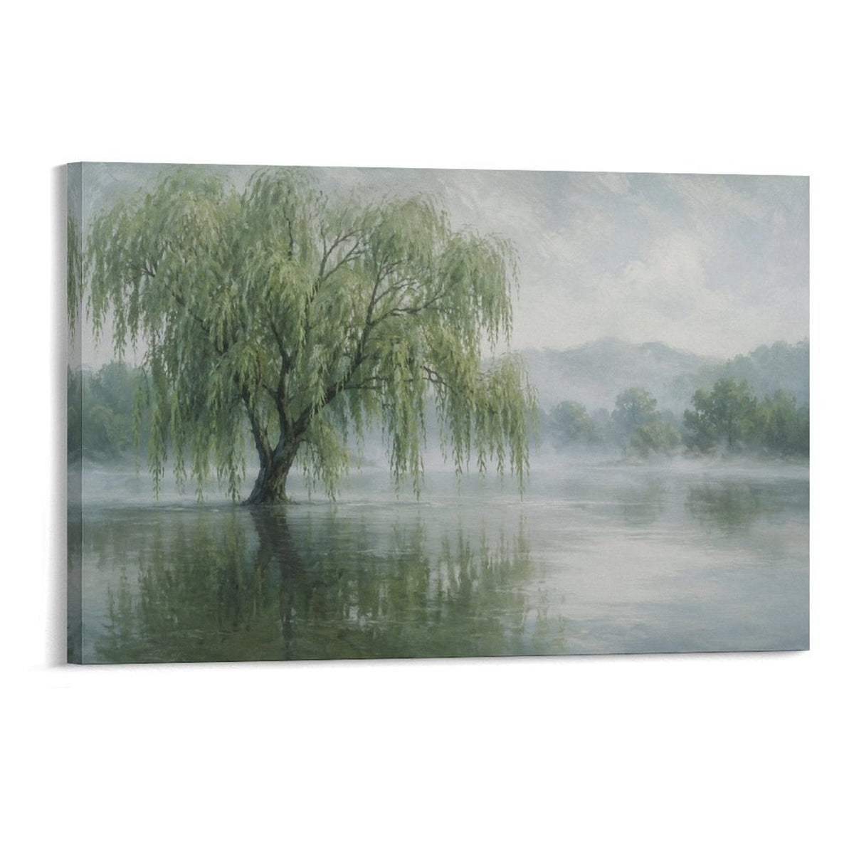 Misty Willow Tree Lake Reflection Serene Chinese Landscape Framed Canvas Wall Art