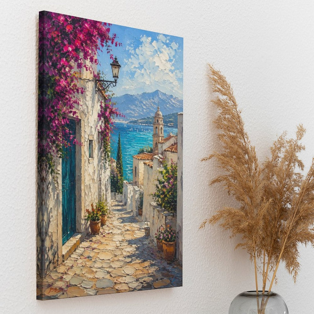 Mediterranean Cobblestone Alley Bougainvillea Framed Canvas Wall Art | Impressionist Coastal Village Print
