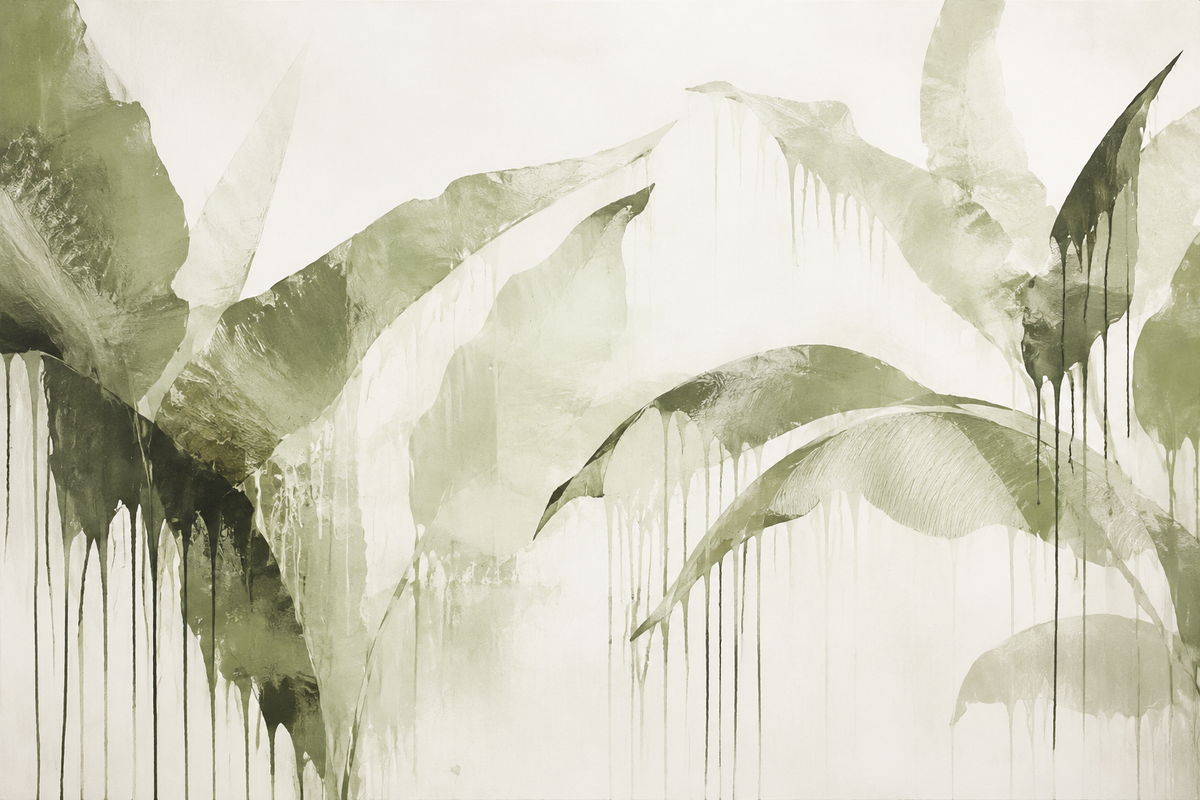 Olive Green Tropical Leaf Drip Watercolor Framed Canvas Wall Art | Minimalist Botanical Print