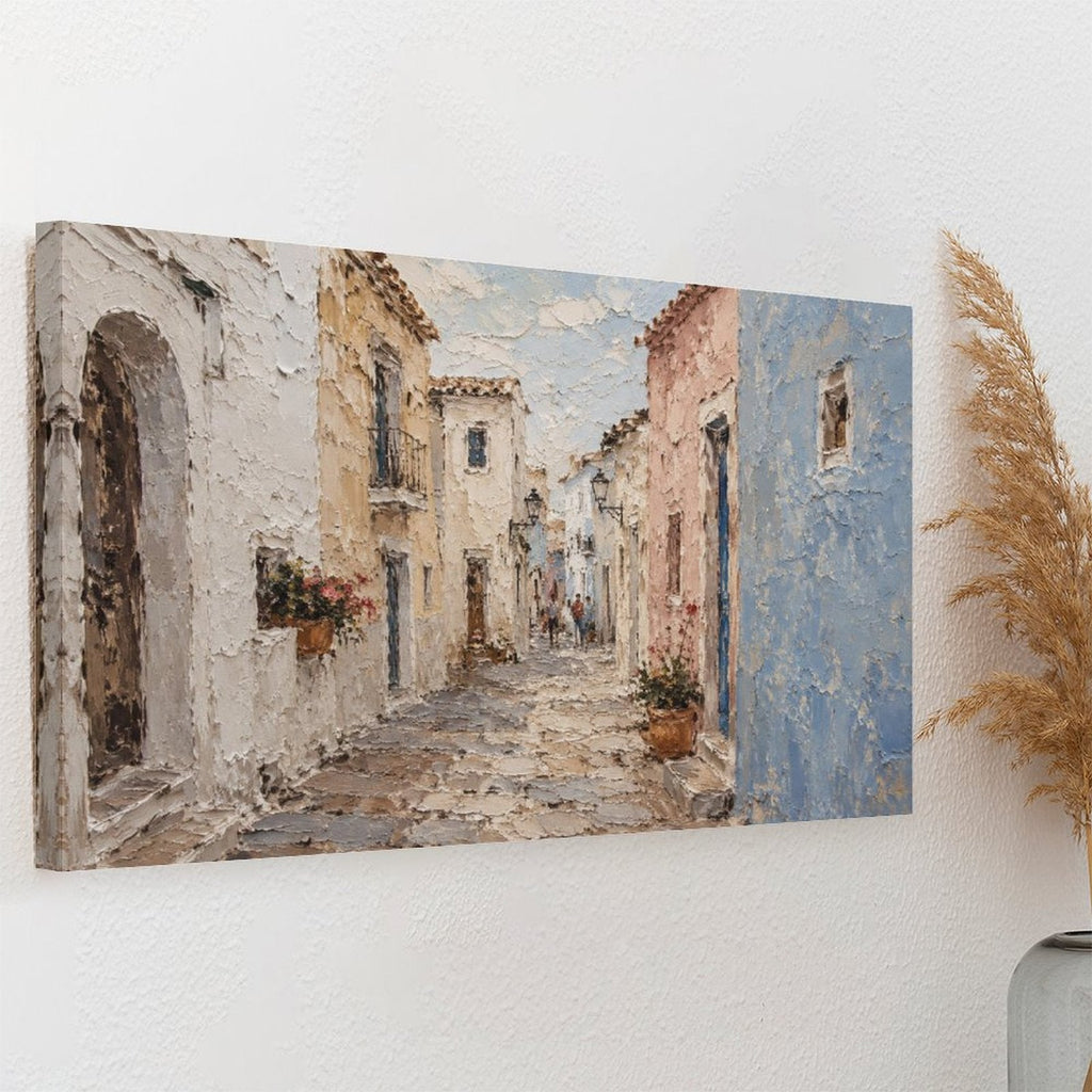 Mediterranean White Village Alley Framed Canvas Wall Art | Textured European Street Print