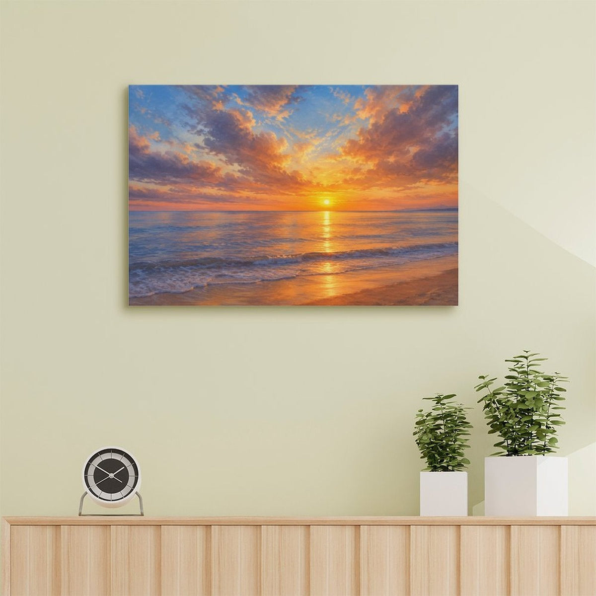 Golden Beach Sunset Framed Canvas Wall Art | Coastal Ocean Seascape Oil Painting Print