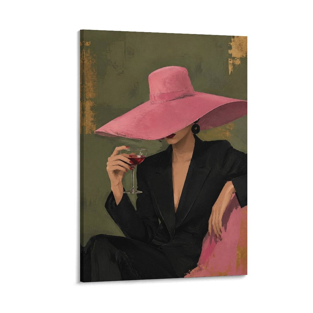 Chic Woman Pink Hat Red Wine Vintage Fashion Figurative Framed Canvas Wall Art