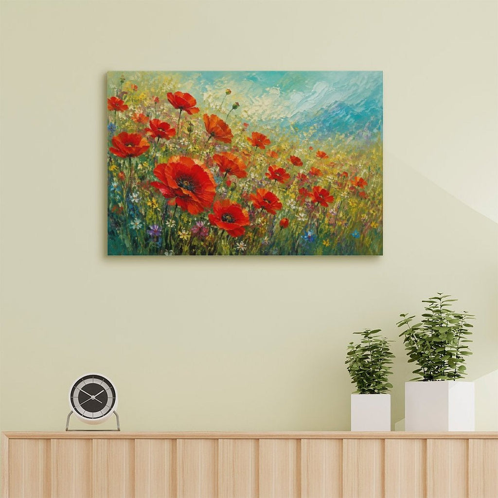 Red Poppy Wildflower Meadow Framed Canvas Wall Art | Impressionist Floral Field Print