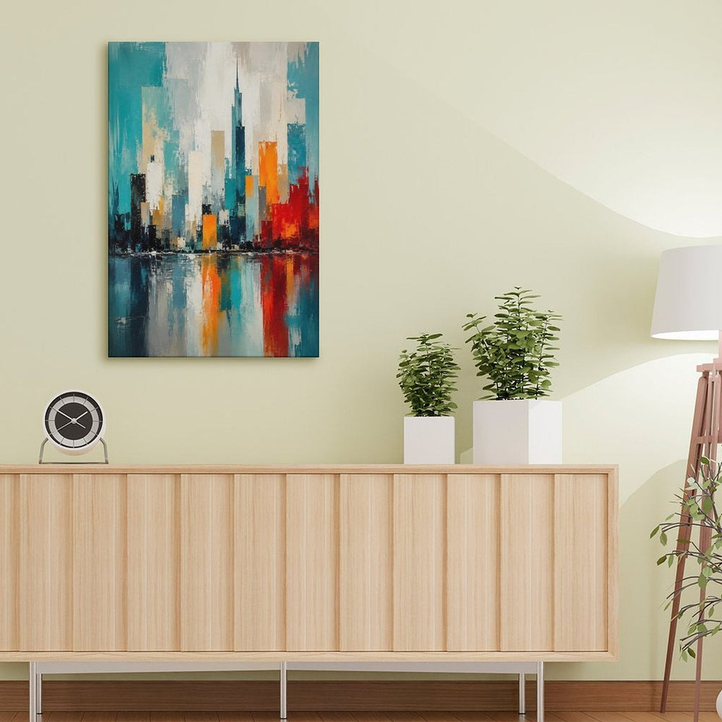 Abstract City Skyline Teal Orange Framed Canvas Wall Art | Modern Urban Palette Knife Print